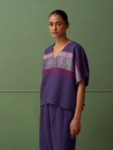 Salma Border Linen Top - Byzantium