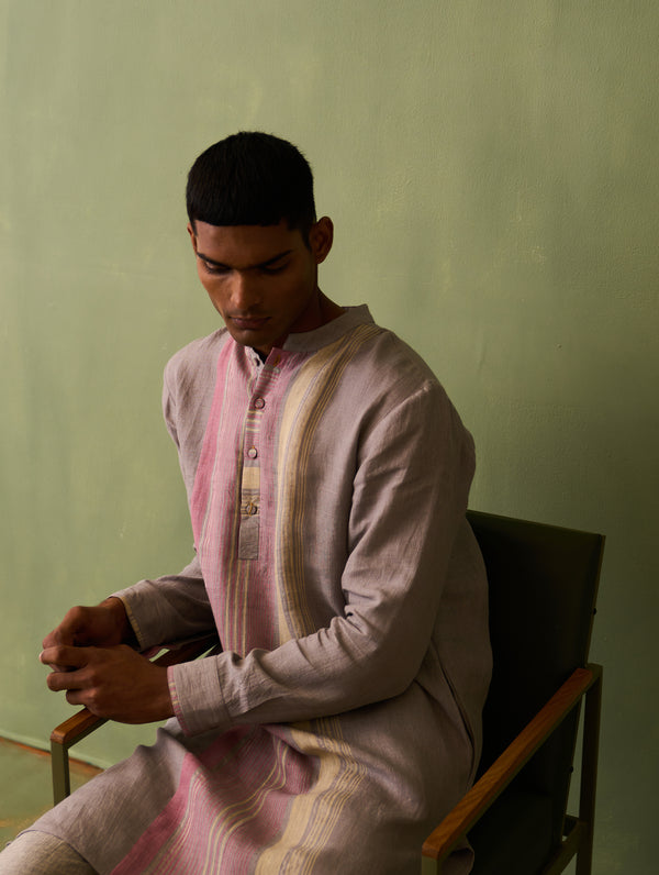 Rin Border Linen Kurta - Ash