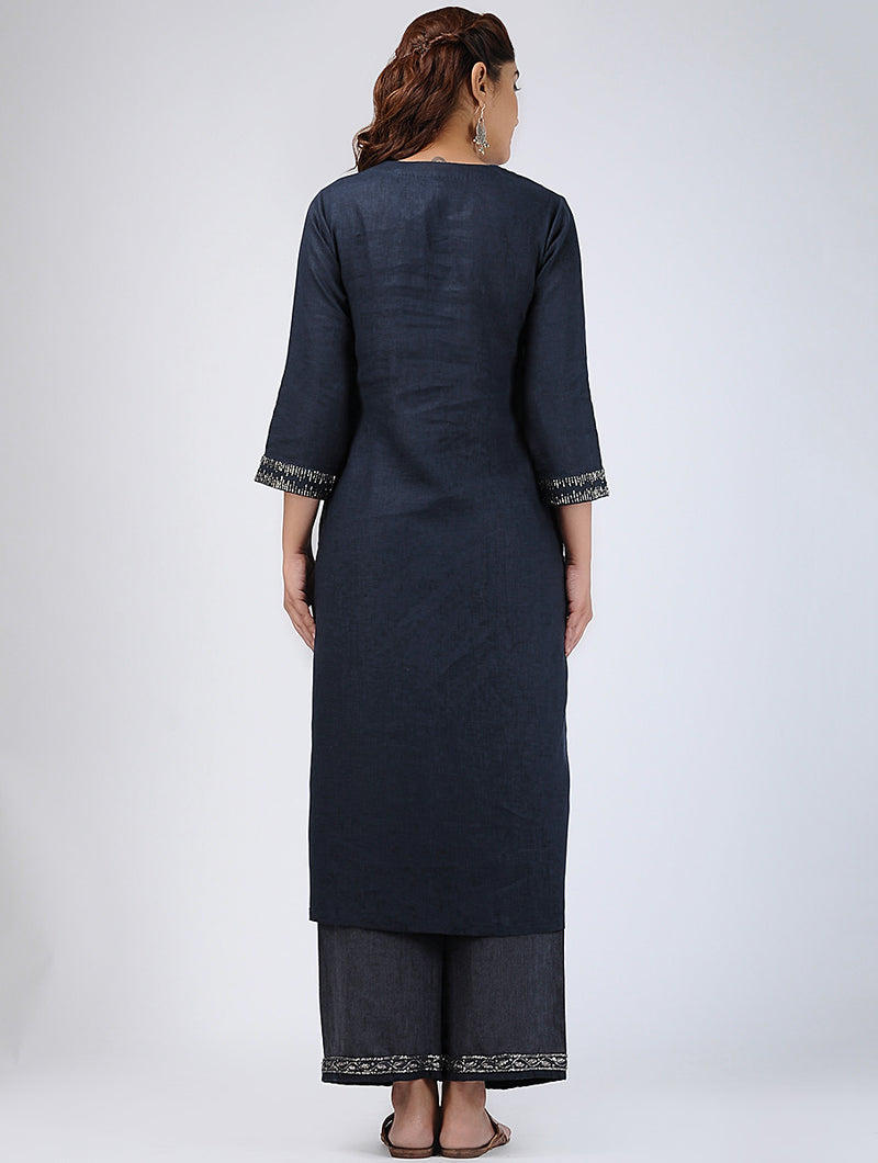 Brisa Floral Hand-Embroidered Linen Kurta