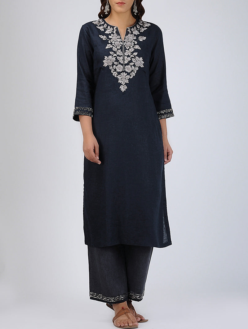 Brisa Floral Hand-Embroidered Linen Kurta