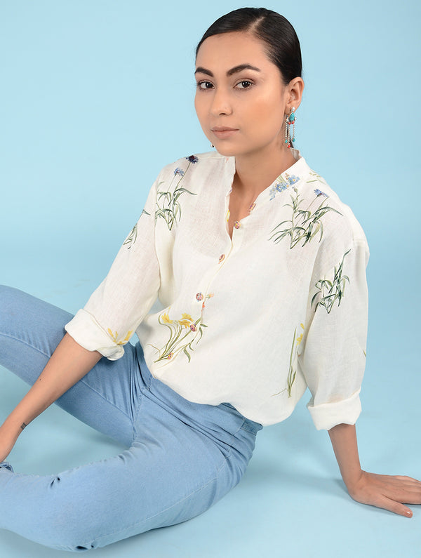 Mae Water-Color Botanical Printed Linen Shirt