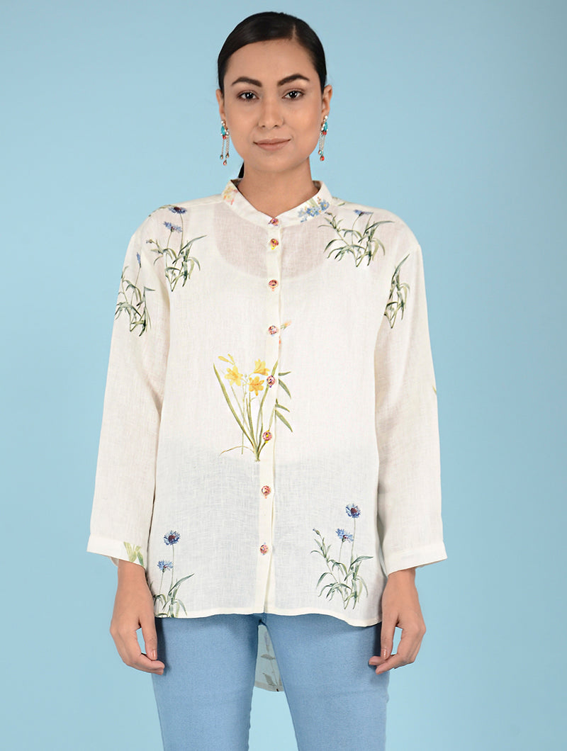 Mae Water-Color Botanical Printed Linen Shirt