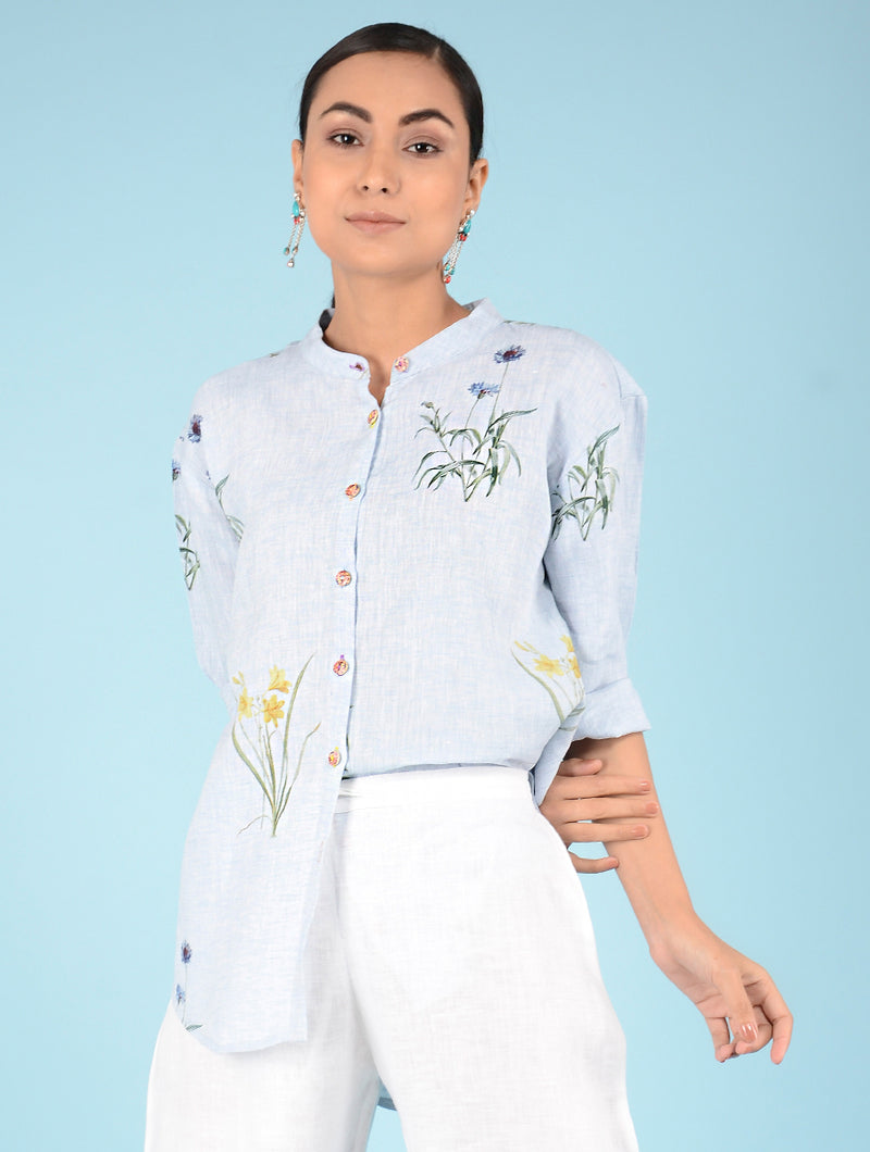 Mae Water-Color Botanical Printed Linen Shirt