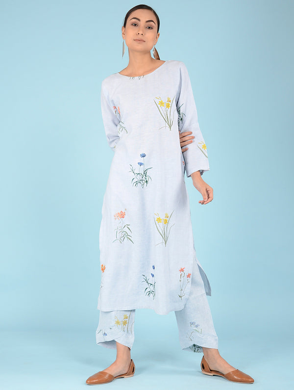 Lydia Watercolor Botanical Printed Linen Kurta Set