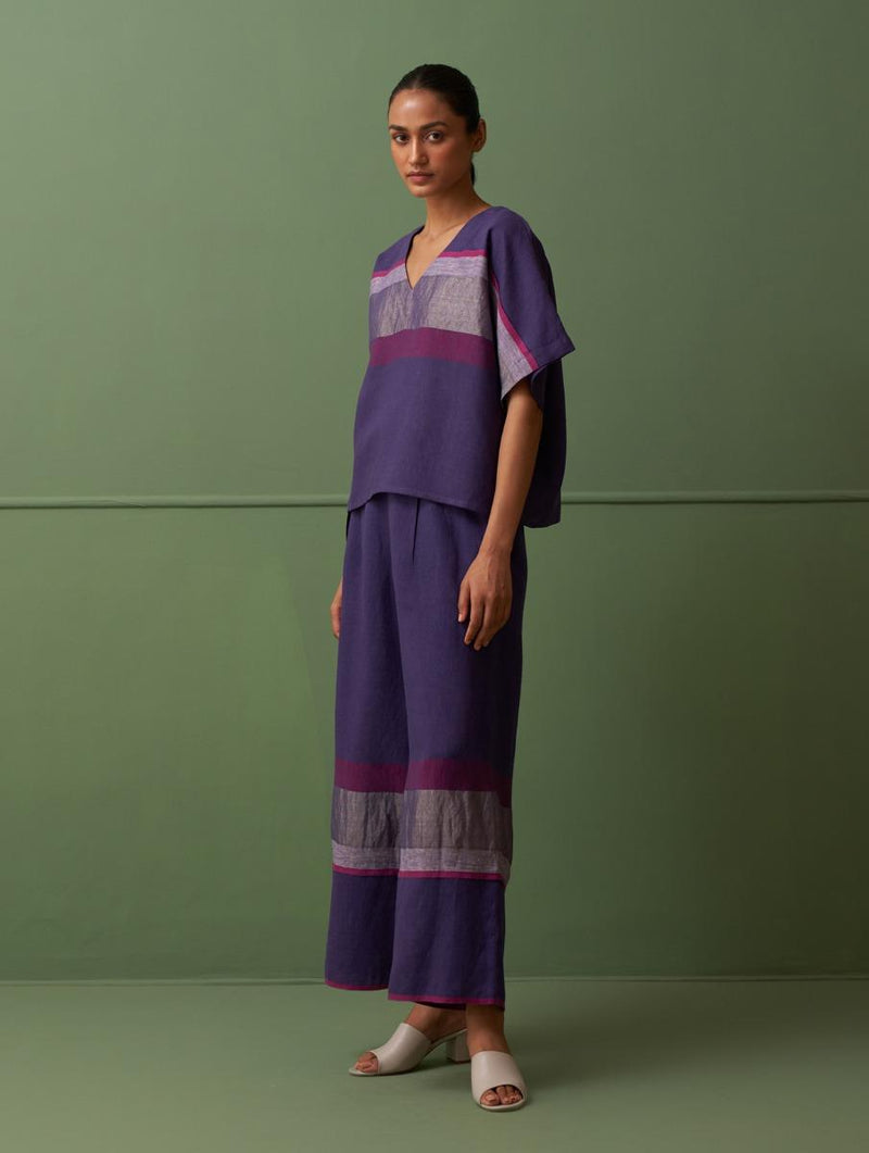 Salma Border Linen Top - Byzantium